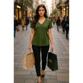 Χακί Μπλούζα Γυναικεία BS Collection με V Λαιμόκοψη – 67% Tencel & 33% Cotton - t-shirts στο  bscollection