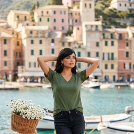 Χακί Μπλούζα Γυναικεία BS Collection με V Λαιμόκοψη – 67% Tencel & 33% Cotton - t-shirts στο  bscollection