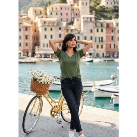 Χακί Μπλούζα Γυναικεία BS Collection με V Λαιμόκοψη – 67% Tencel & 33% Cotton - t-shirts στο  bscollection