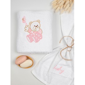 Σετ πετσέτες κεντητές Bear 04 White/Pink Sunshinehome - Πετσέτες στο  bscollection